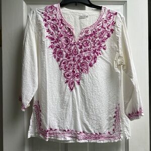Embroidered White Cotton India Blouse M